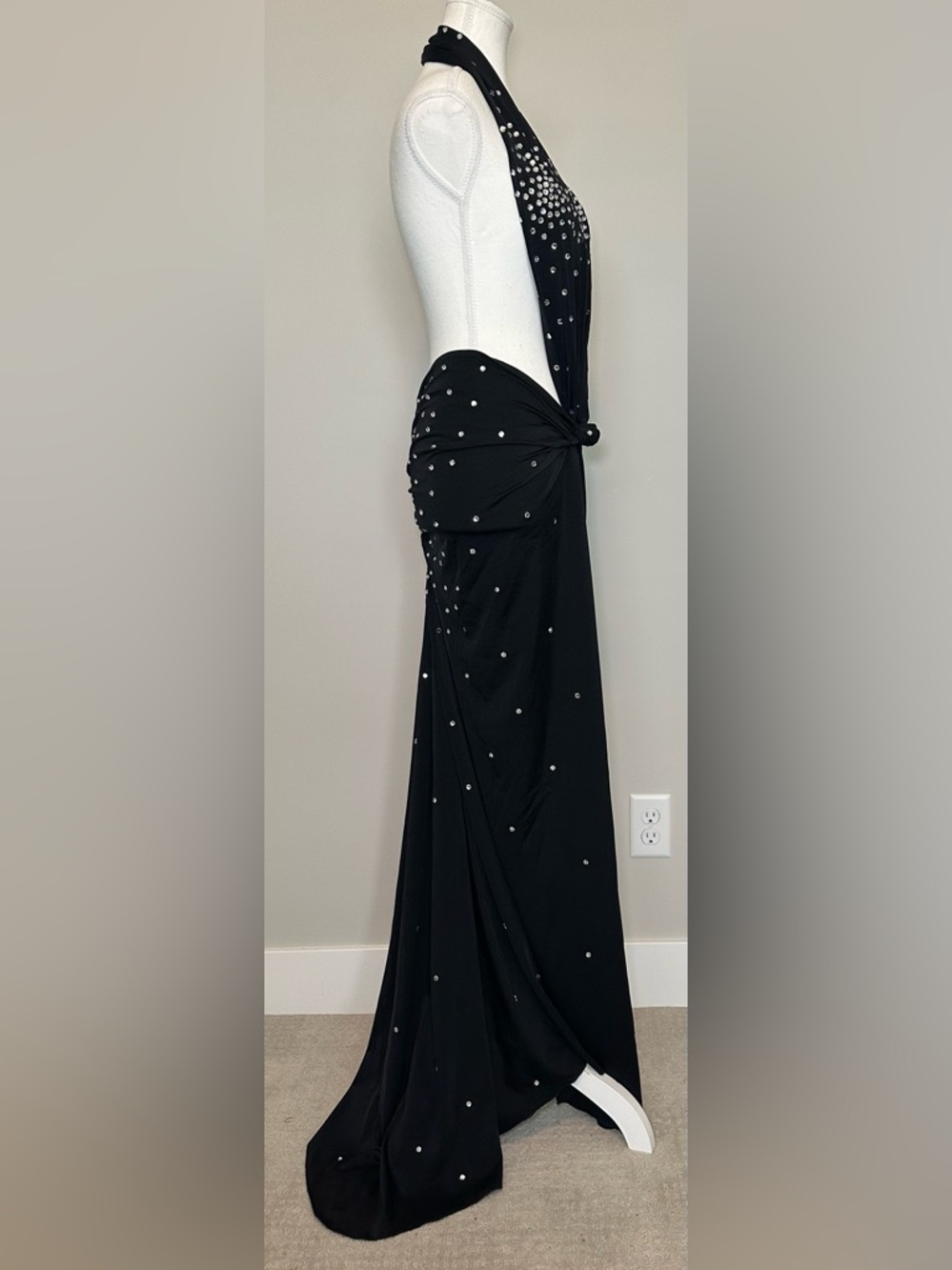 Black Rhinestone Cutout Halter Maxi Dress Backless Glam Sexy Evening Gown‎ S/M - Picture 4 of 11